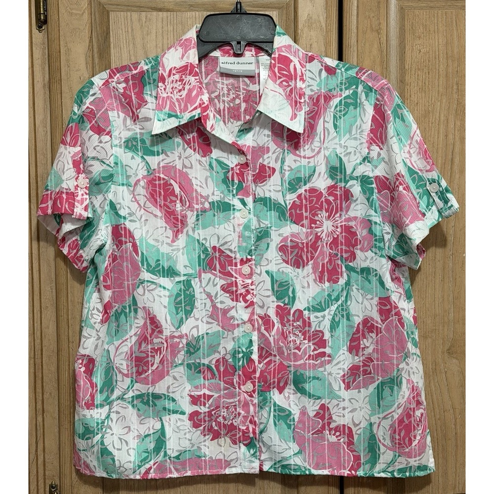 Alfred Dunner Floral Print Blouse Top Button Down Shirt Women's 10P Pink